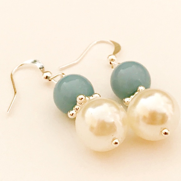 Silver Light Blue Bead Pearl Earrings Handmade - Picture 6 of 8